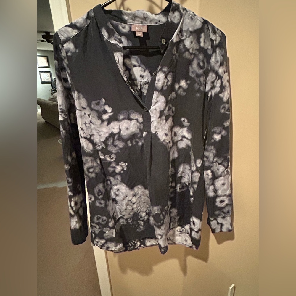 J Jill 100% Silk Blue Watercolor 1/2 Button Blouse